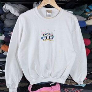 Callan & Co Vintage White Penguin Embroidered Sweatshirt Rhinestone Winter XL